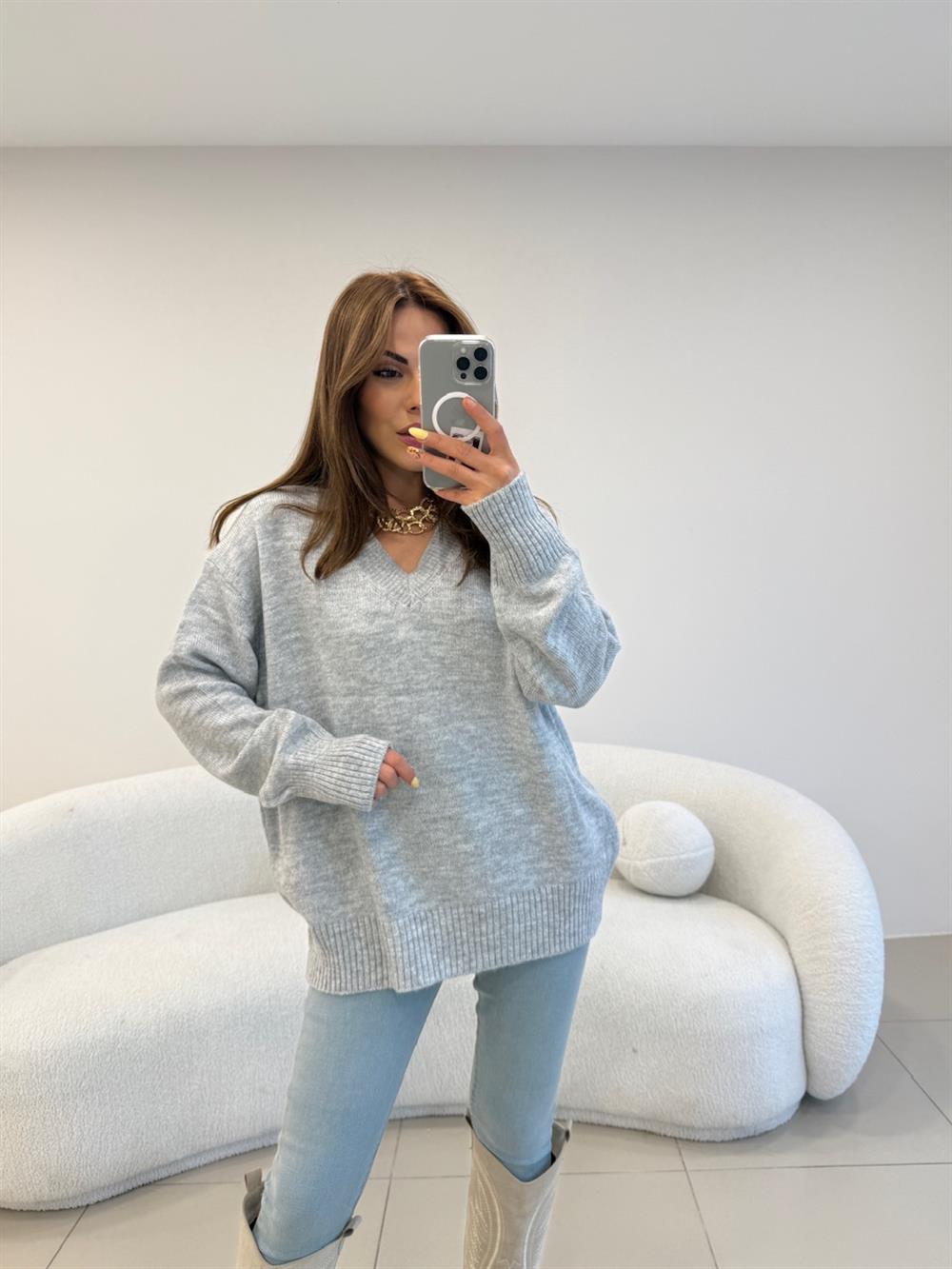 V YAKA BASİC KAZAK GRİ