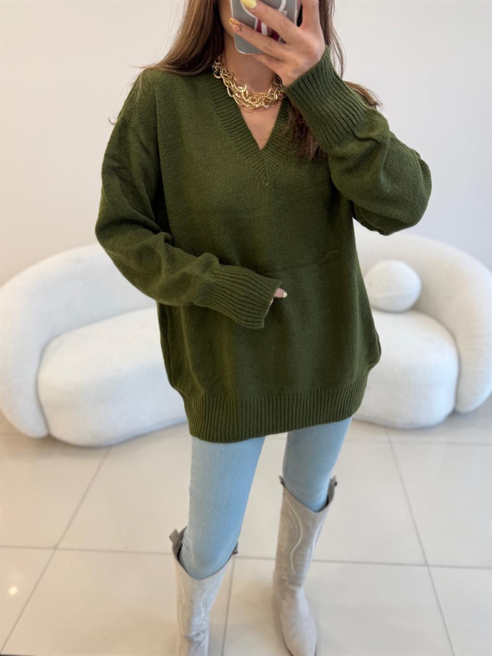 V YAKA BASİC KAZAK HAKİ YEŞİL