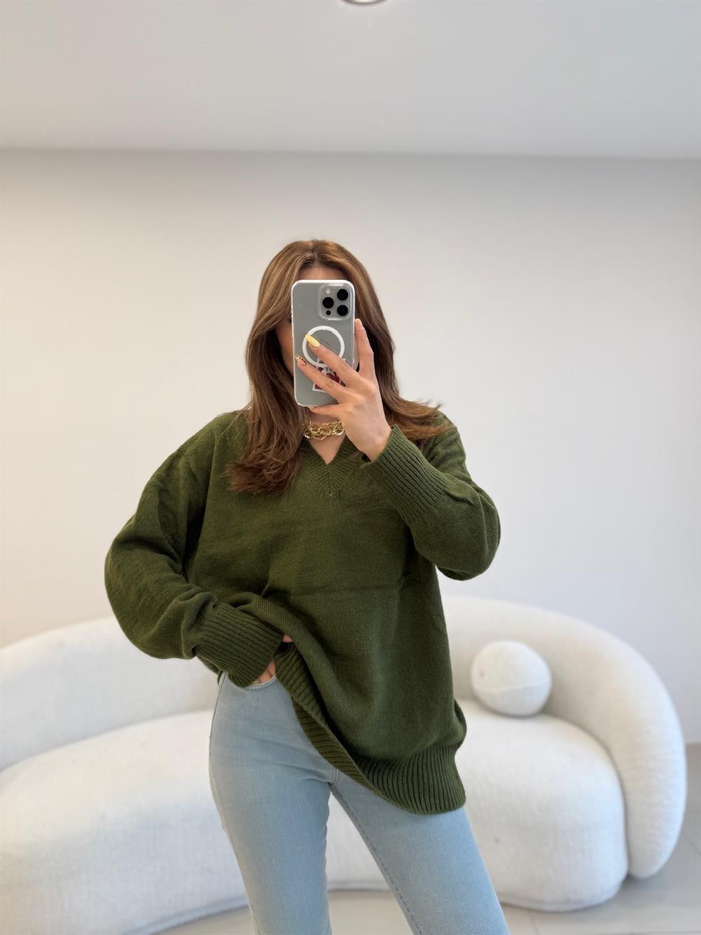 V YAKA BASİC KAZAK HAKİ YEŞİL