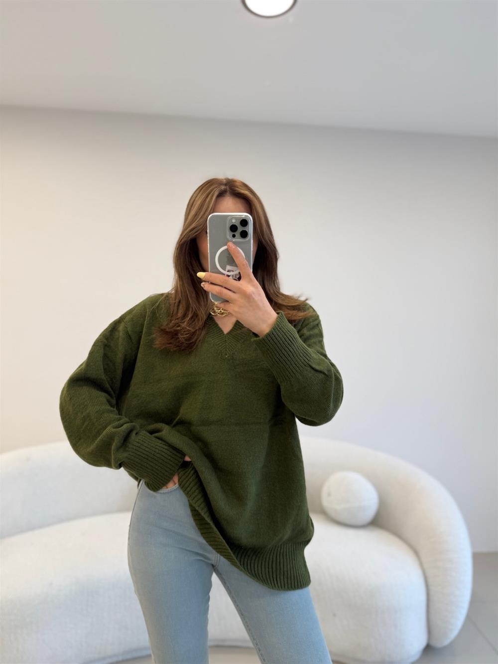 V YAKA BASİC KAZAK HAKİ YEŞİL