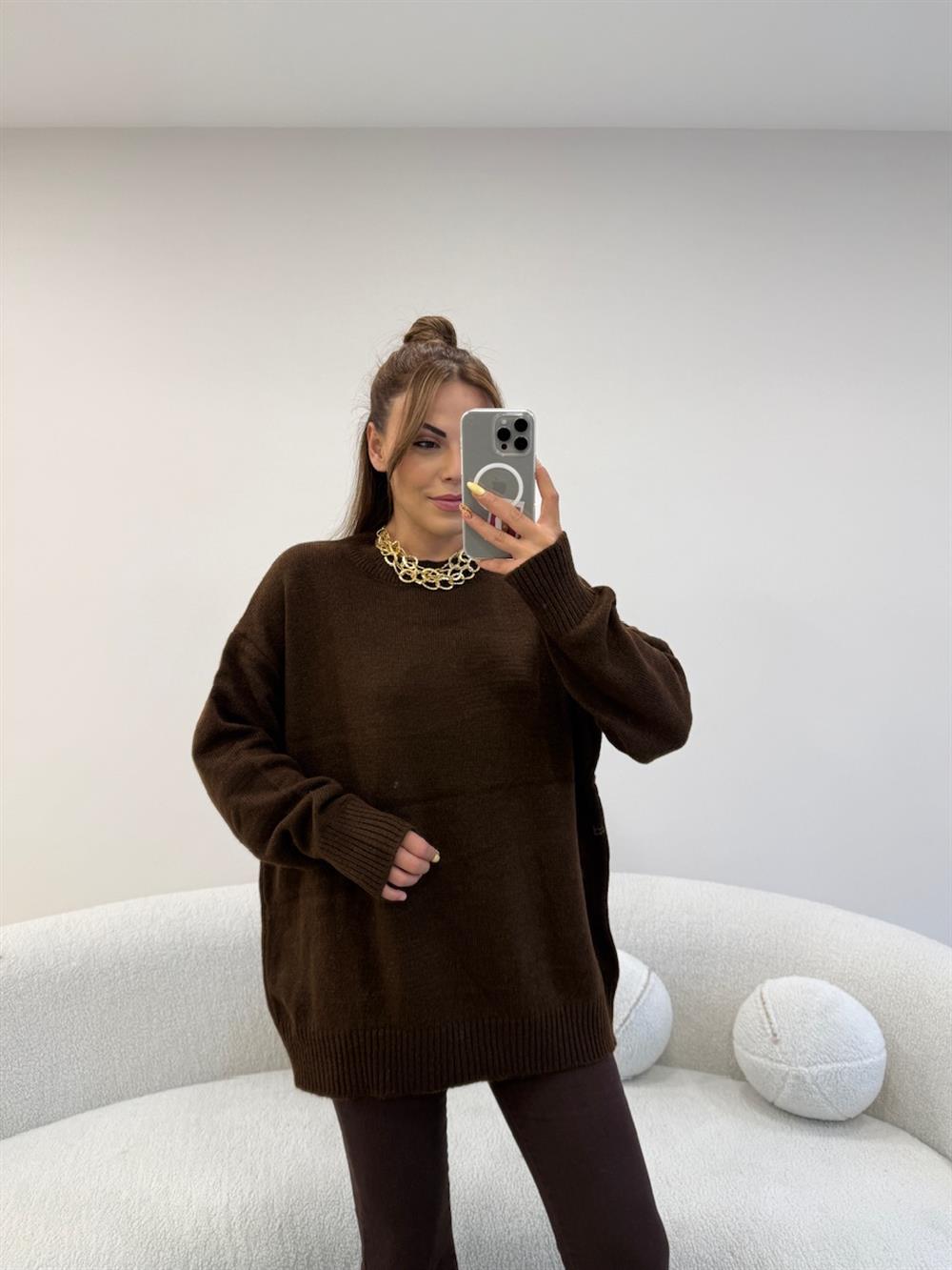 V YAKA BASİC KAZAK KAHVE