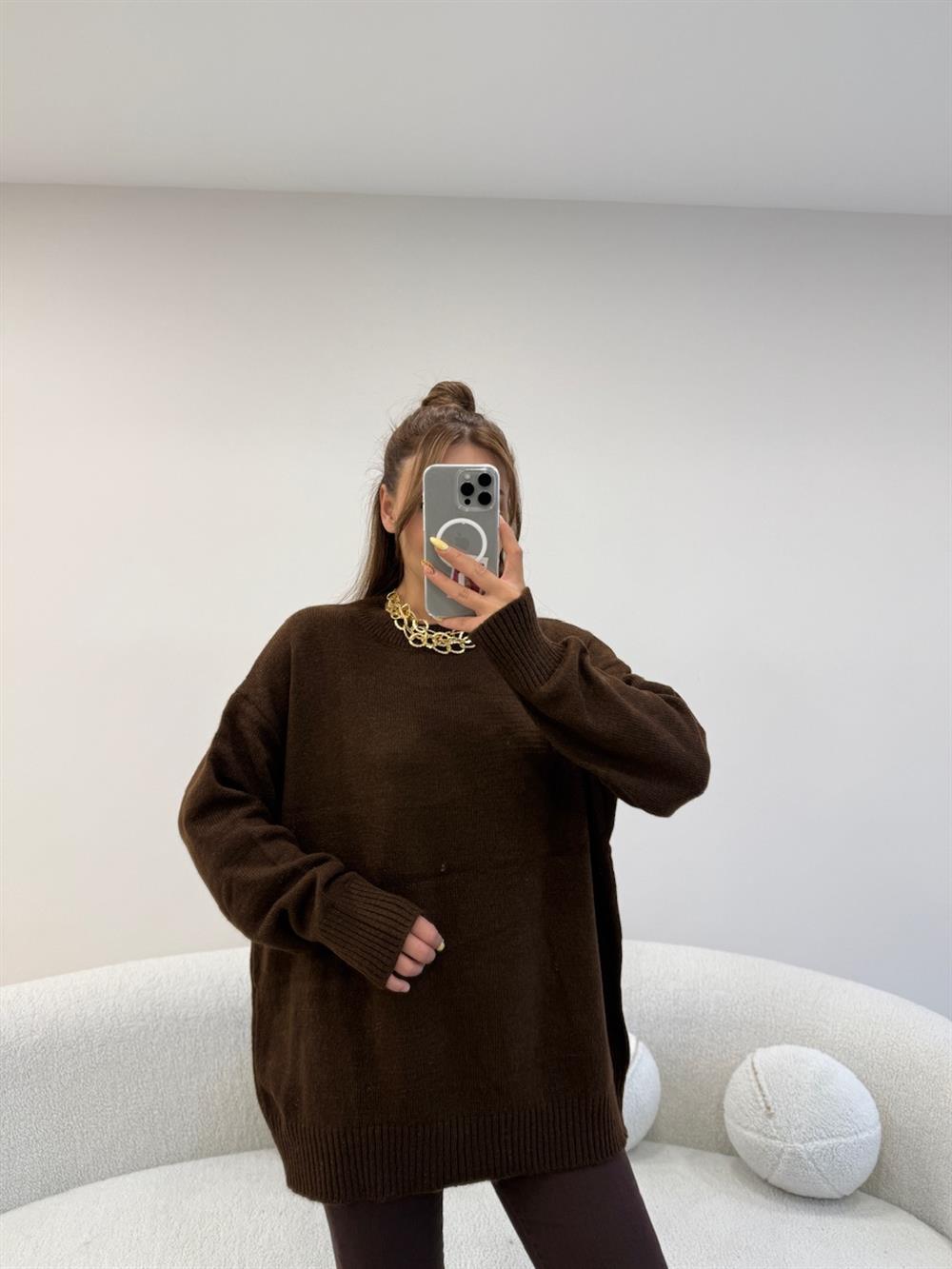 V YAKA BASİC KAZAK KAHVE