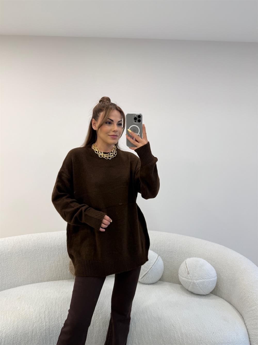 V YAKA BASİC KAZAK KAHVE