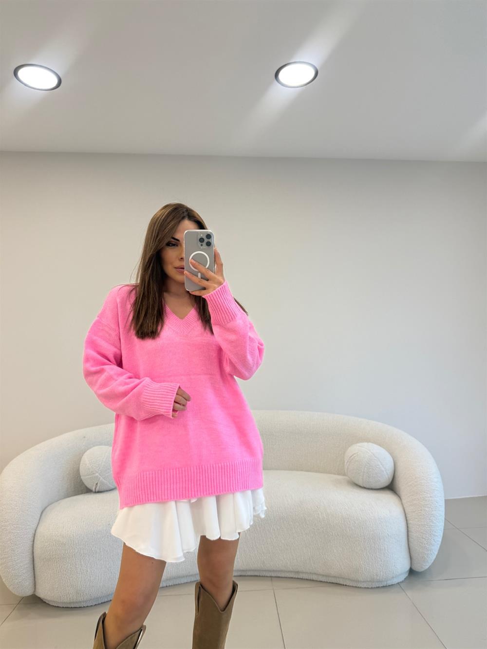 V YAKA BASİC KAZAK  PEMBE