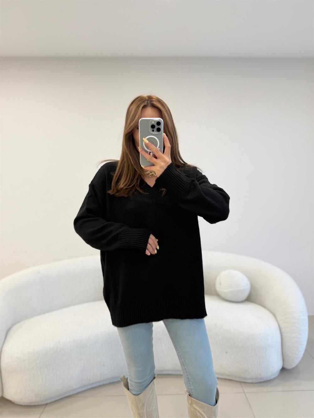 V YAKA BASİC KAZAK SİYAH