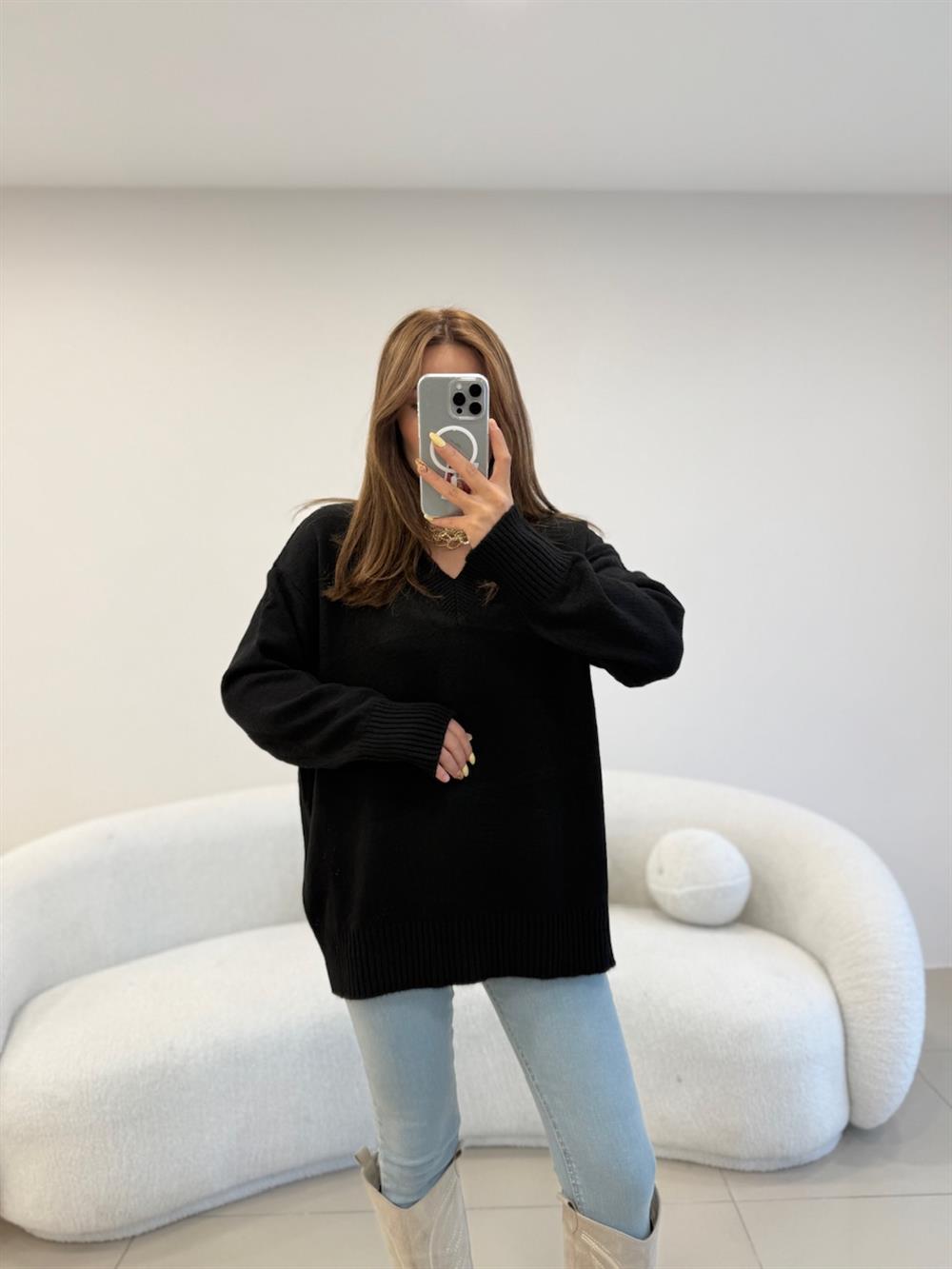 V YAKA BASİC KAZAK SİYAH