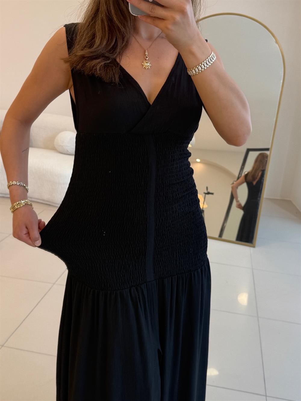 V YAKA BELDEN KORSAJLI ELBİSE SİYAH