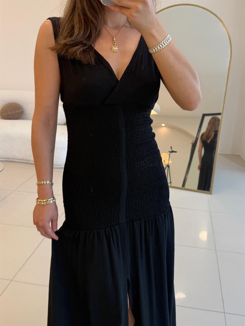 V YAKA BELDEN KORSAJLI ELBİSE SİYAH