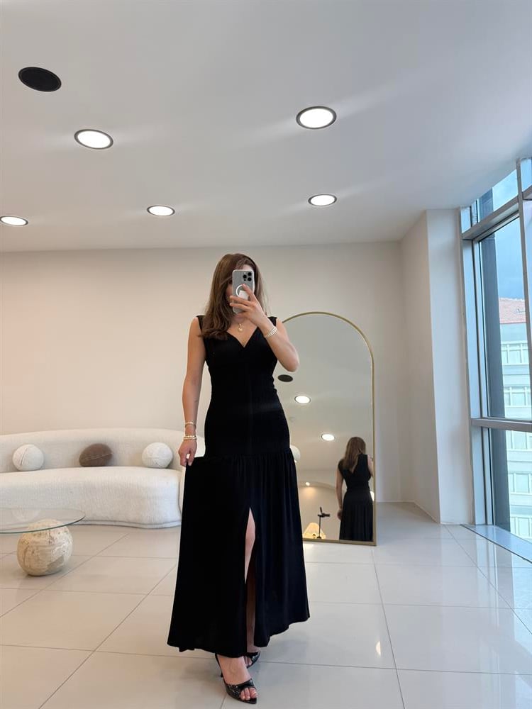 V YAKA BELDEN KORSAJLI ELBİSE SİYAH