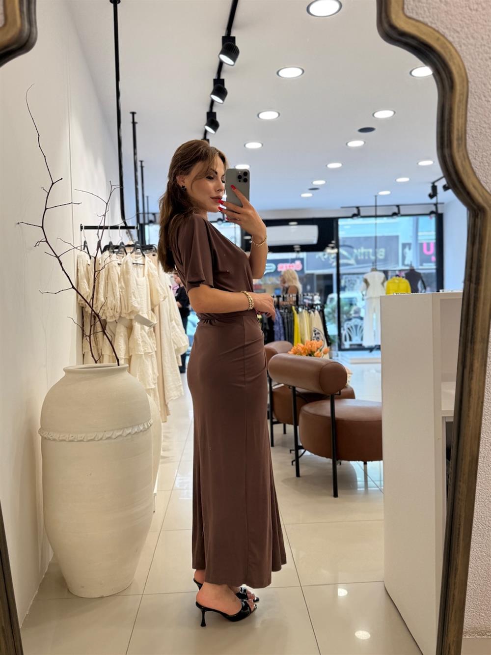 V YAKA DÜĞÜM DETAYLI MODAL ELBİSE KAHVE
