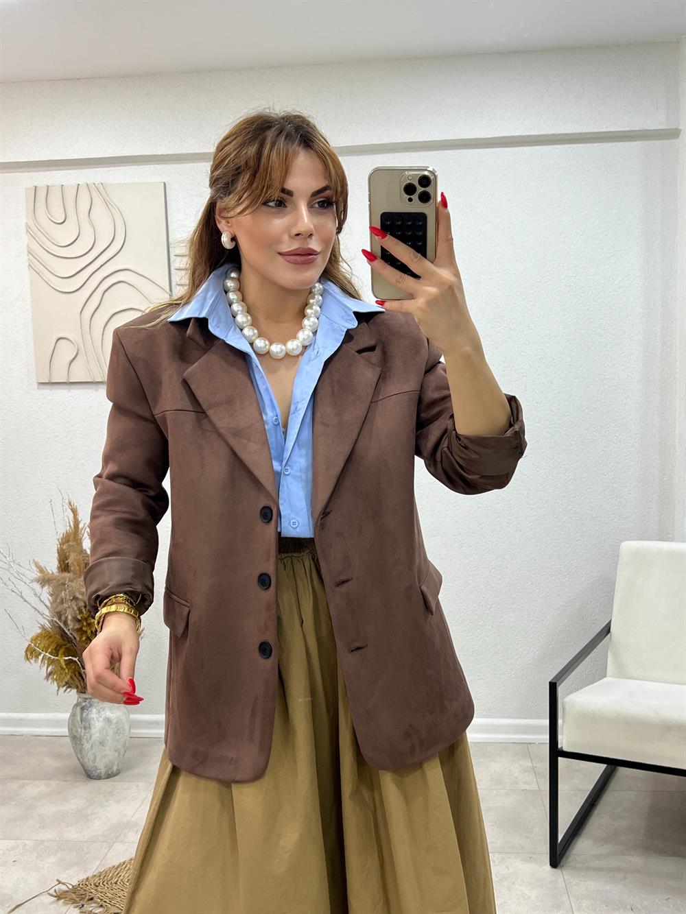 Vatkali Süet Ceket Aci Kahve