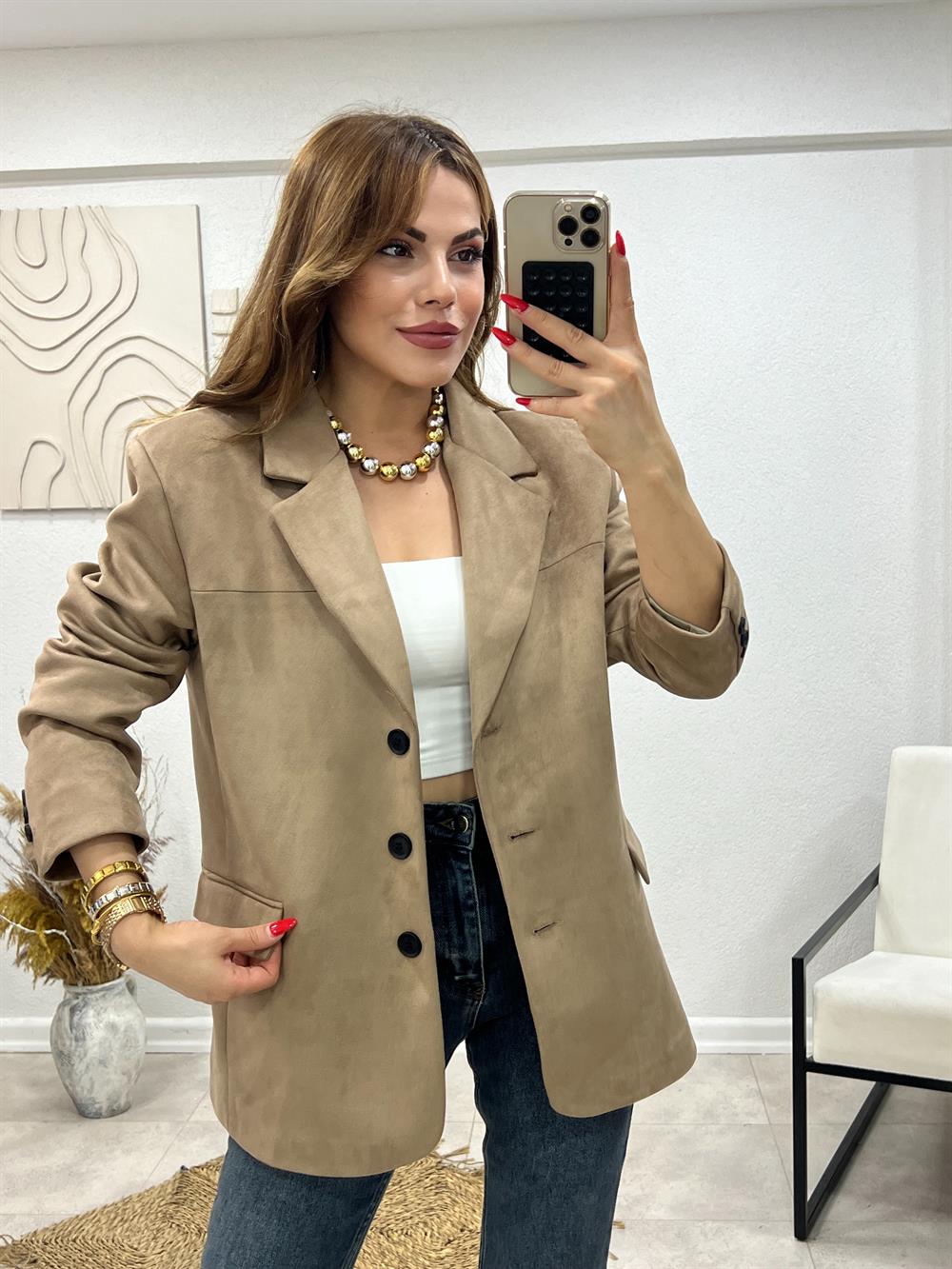 Vatkali Süet Ceket Taş