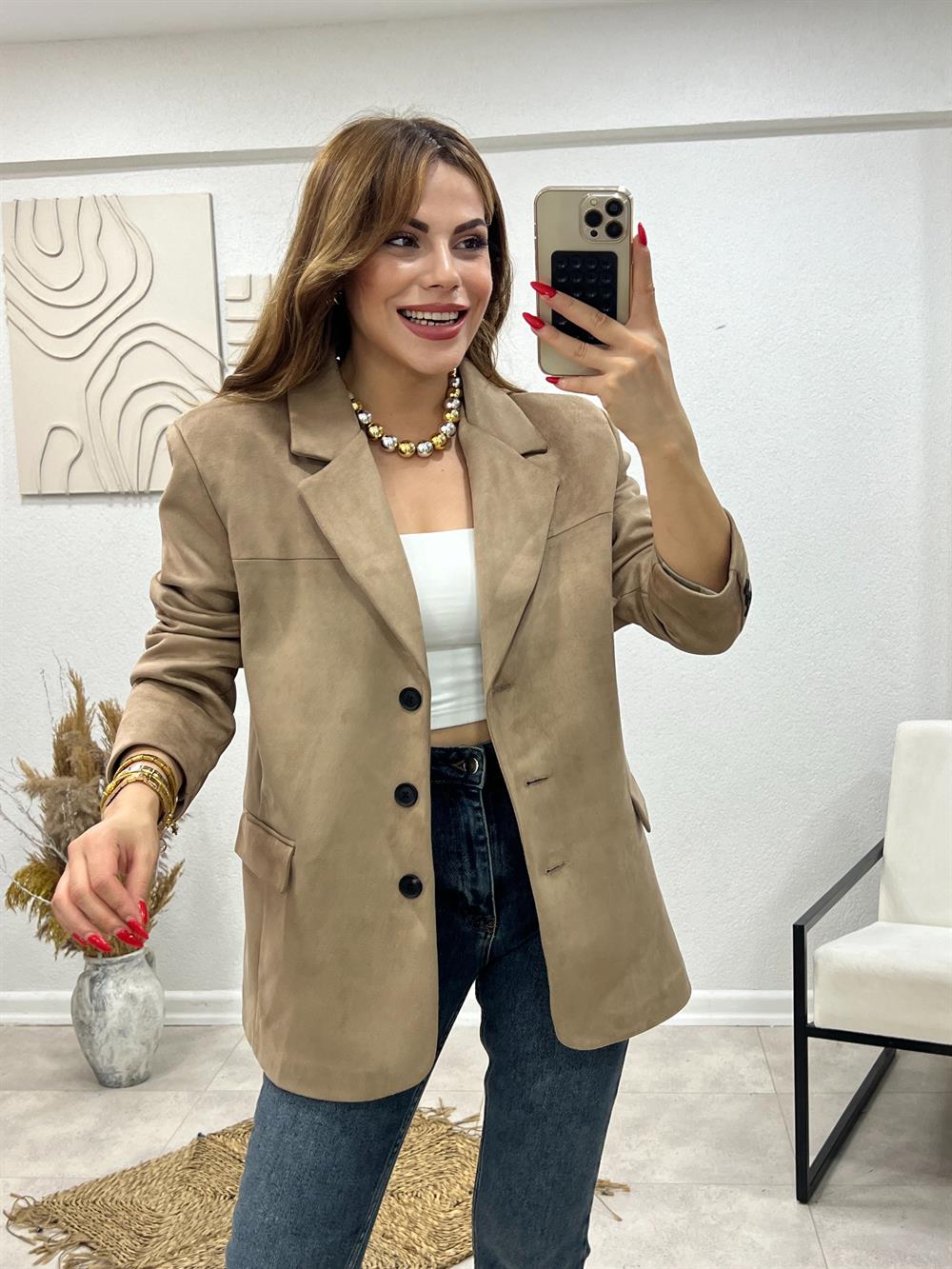 Vatkali Süet Ceket Taş