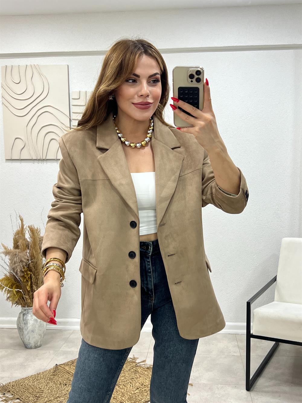 Vatkali Süet Ceket Taş