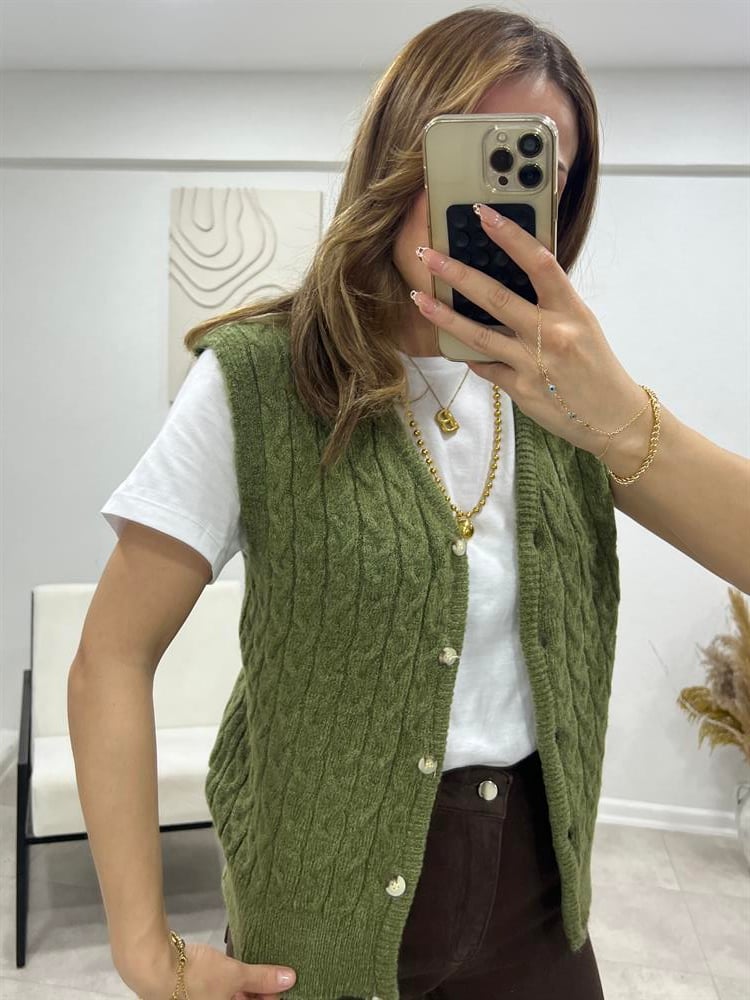 Vi̇ntage Örgü Yelek Haki̇ Yeşi̇l