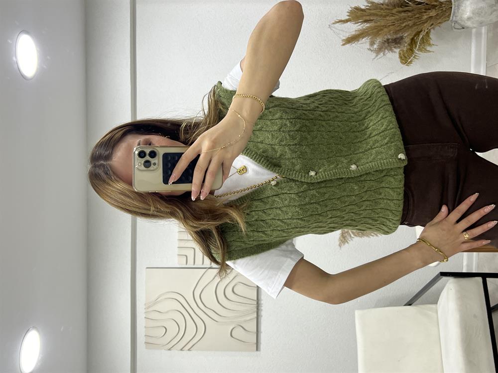 Vi̇ntage Örgü Yelek Haki̇ Yeşi̇l