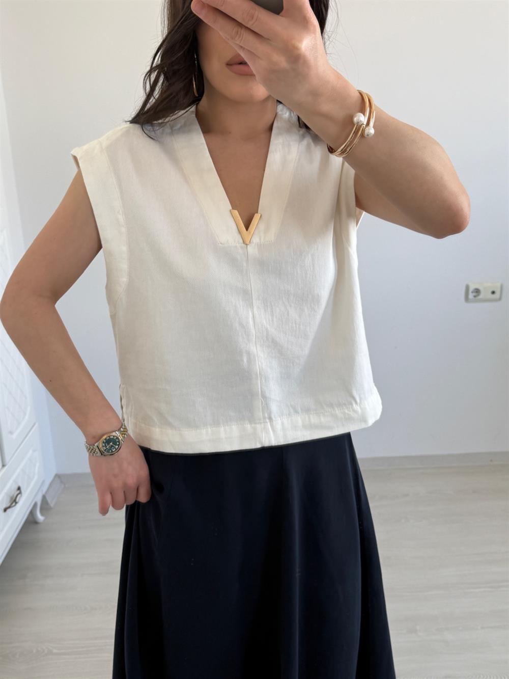 VİNTAGE AKSESUAR DETAYLI  YELEK BEYAZ