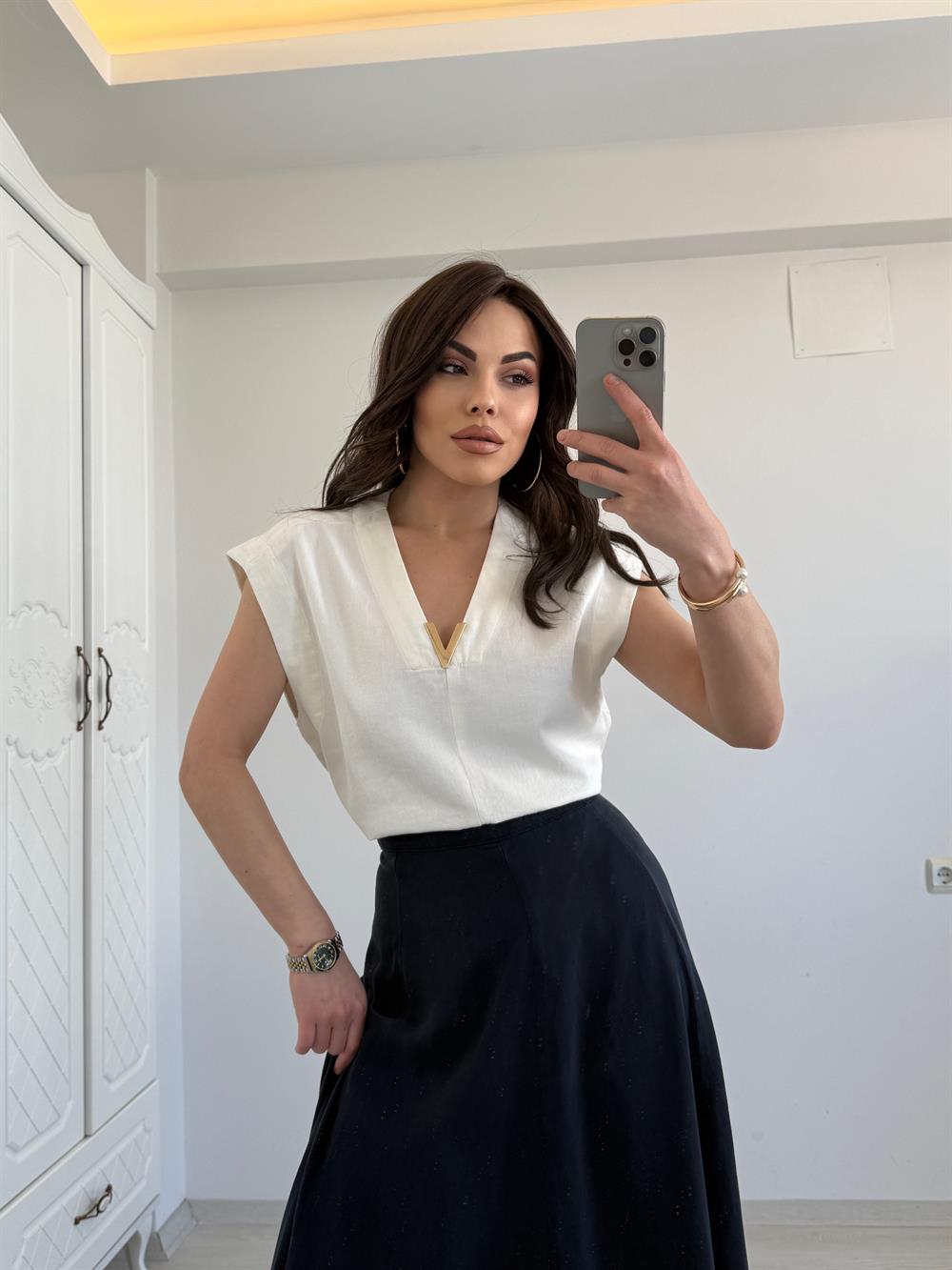 VİNTAGE AKSESUAR DETAYLI  YELEK BEYAZ