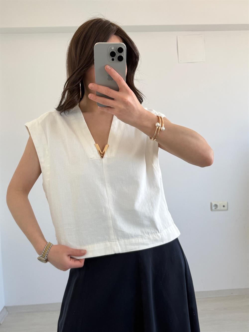 VİNTAGE AKSESUAR DETAYLI  YELEK BEYAZ