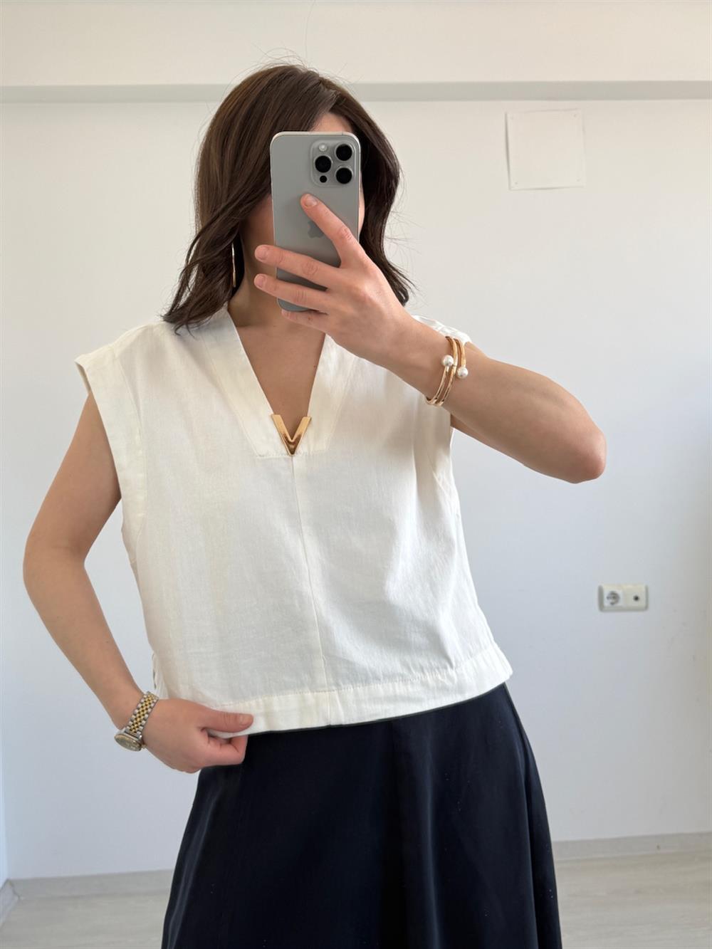 VİNTAGE AKSESUAR DETAYLI  YELEK BEYAZ