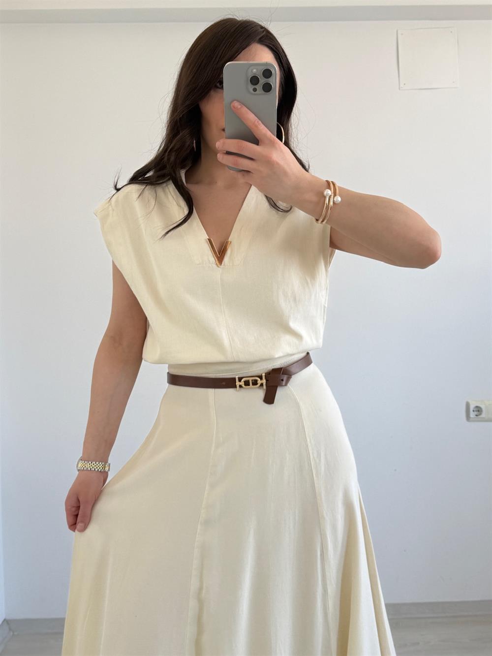 VİNTAGE AKSESUAR DETAYLI  YELEK EKRU