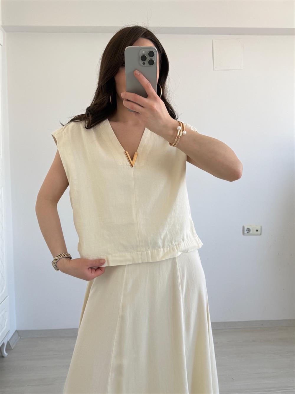 VİNTAGE AKSESUAR DETAYLI  YELEK EKRU