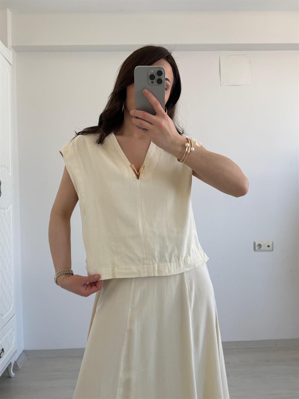 VİNTAGE AKSESUAR DETAYLI  YELEK EKRU