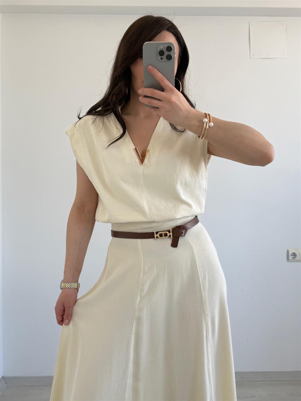 VİNTAGE AKSESUAR DETAYLI  YELEK EKRU