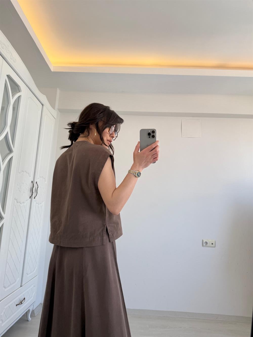 VİNTAGE AKSESUAR DETAYLI  YELEK KAHVE