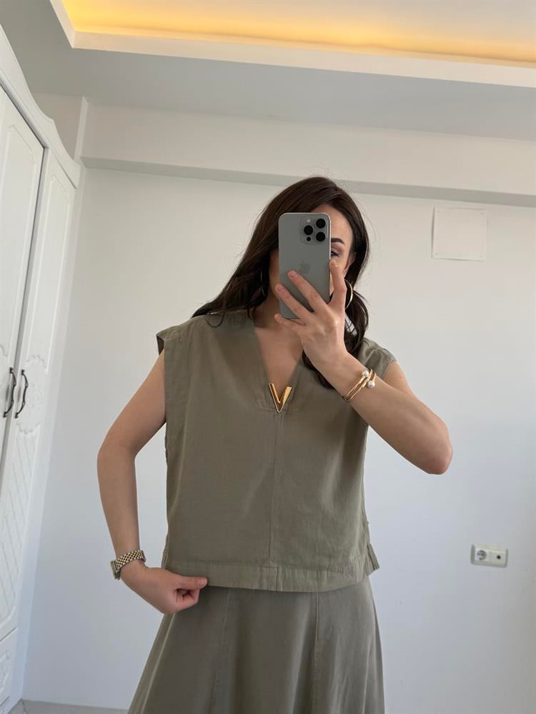 VİNTAGE AKSESUAR DETAYLI  YELEK YEŞİL