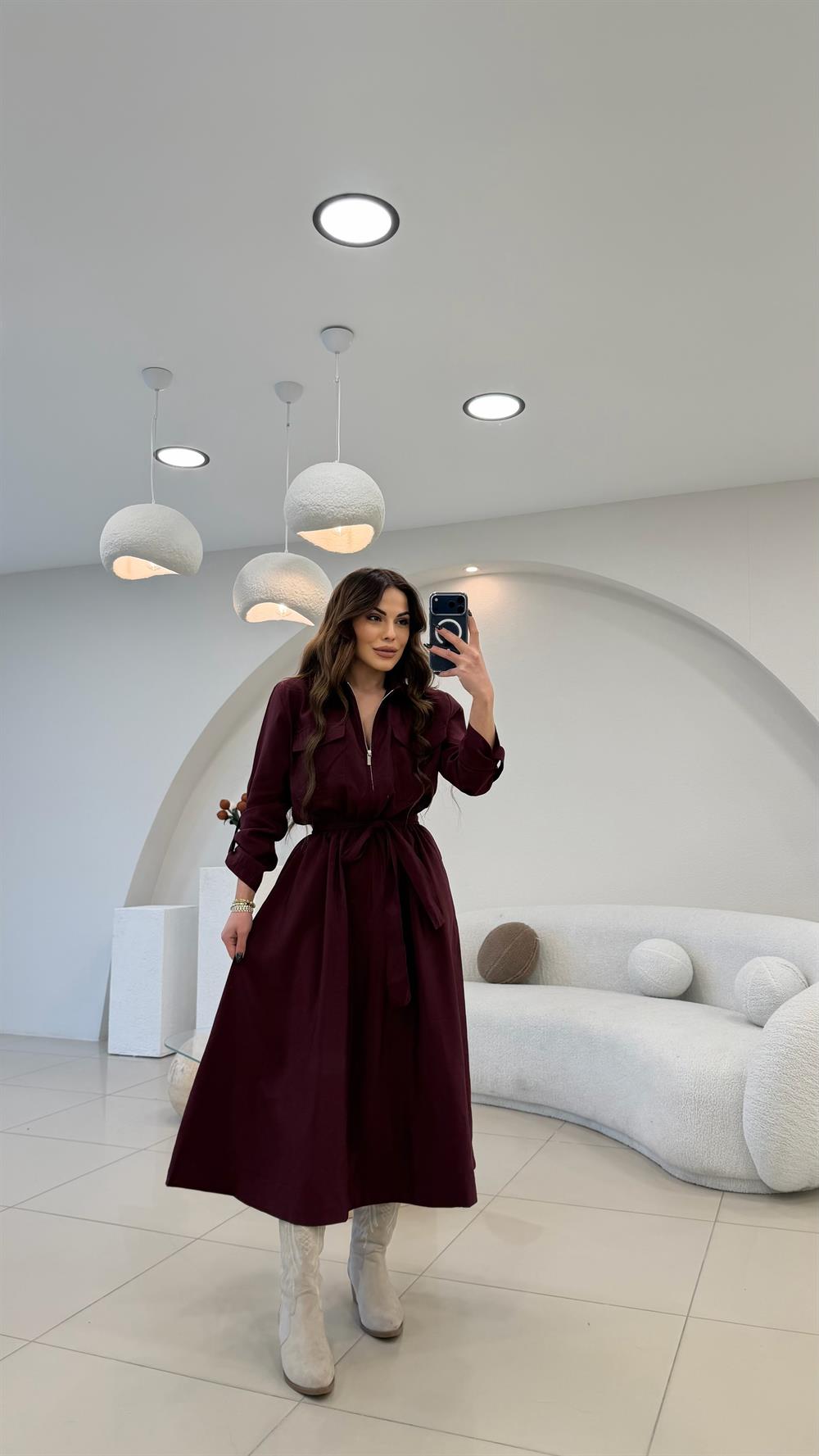 YAKA FERMUARLI BEL LASTİKLİ MAX ELBİSE BORDO