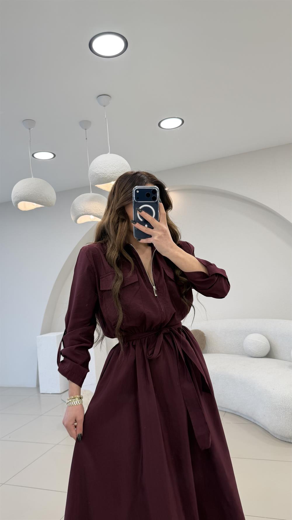 YAKA FERMUARLI BEL LASTİKLİ MAX ELBİSE BORDO