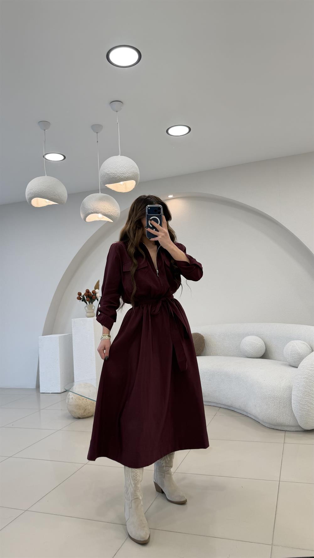 YAKA FERMUARLI BEL LASTİKLİ MAX ELBİSE BORDO
