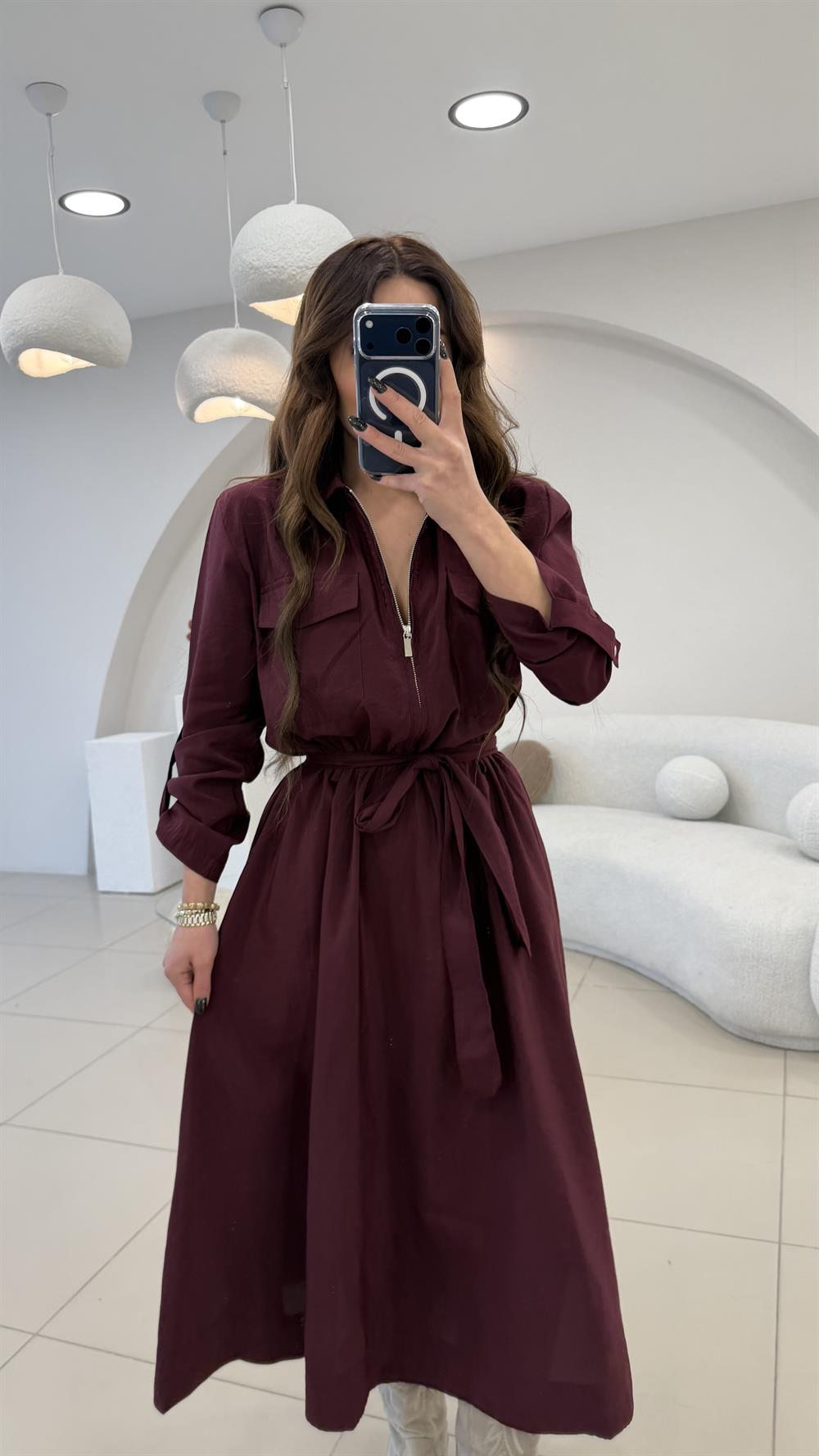 YAKA FERMUARLI BEL LASTİKLİ MAX ELBİSE BORDO