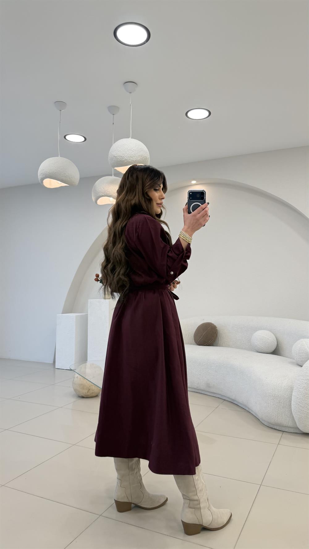 YAKA FERMUARLI BEL LASTİKLİ MAX ELBİSE BORDO