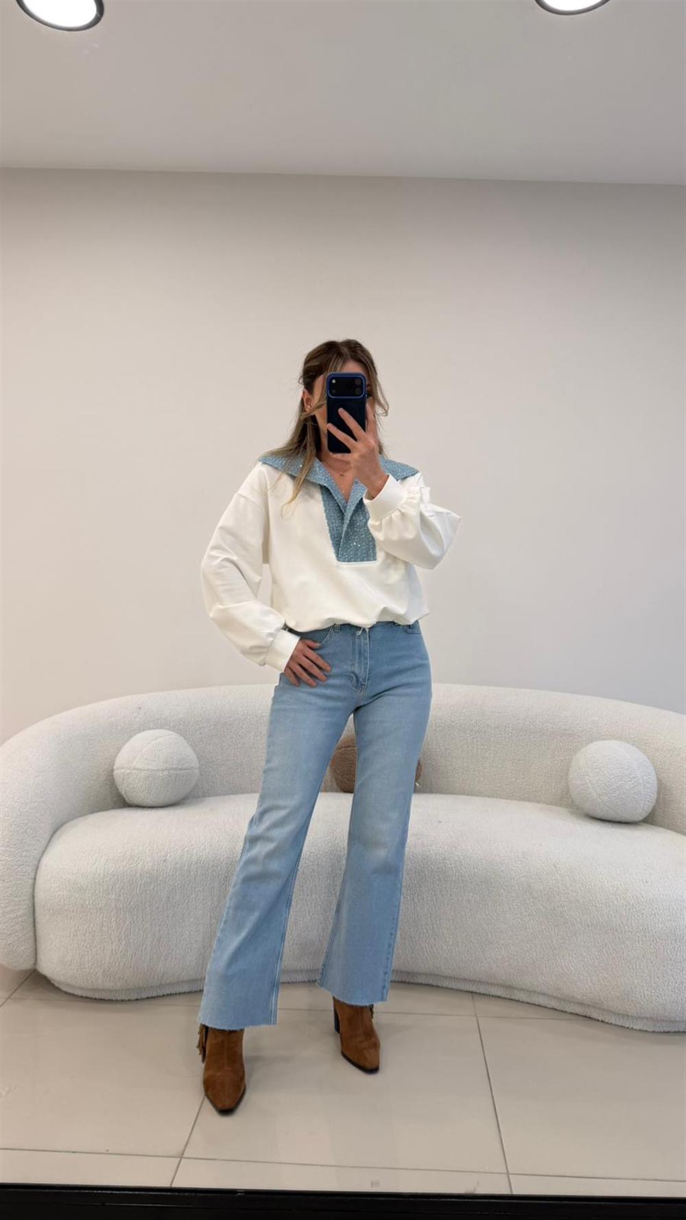 YAKA PAYETLİ KOT GARNİLİ SWEAT