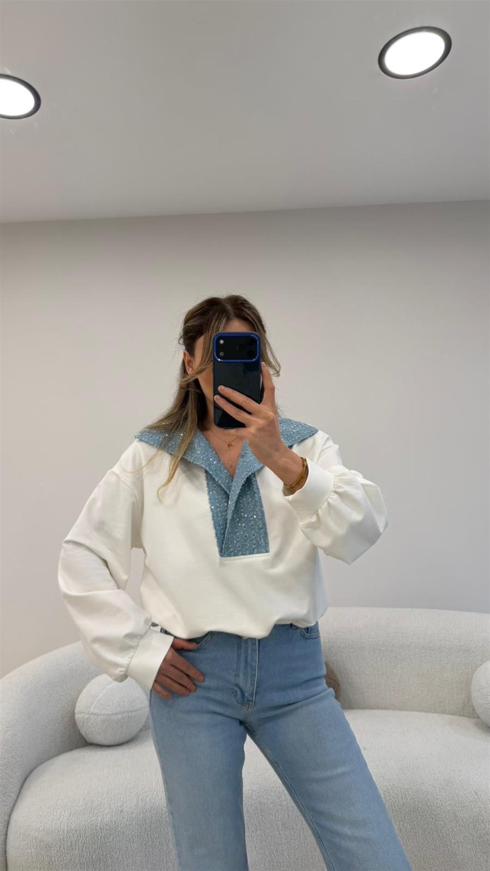 YAKA PAYETLİ KOT GARNİLİ SWEAT