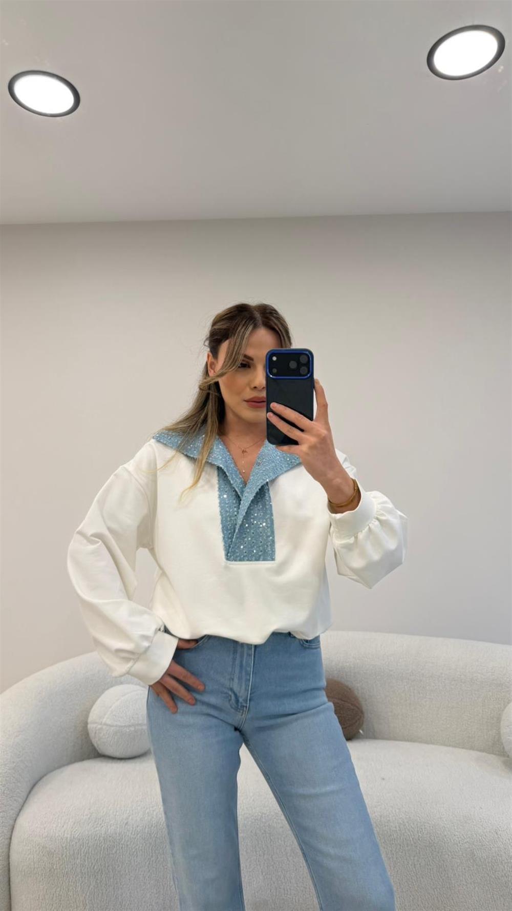 YAKA PAYETLİ KOT GARNİLİ SWEAT