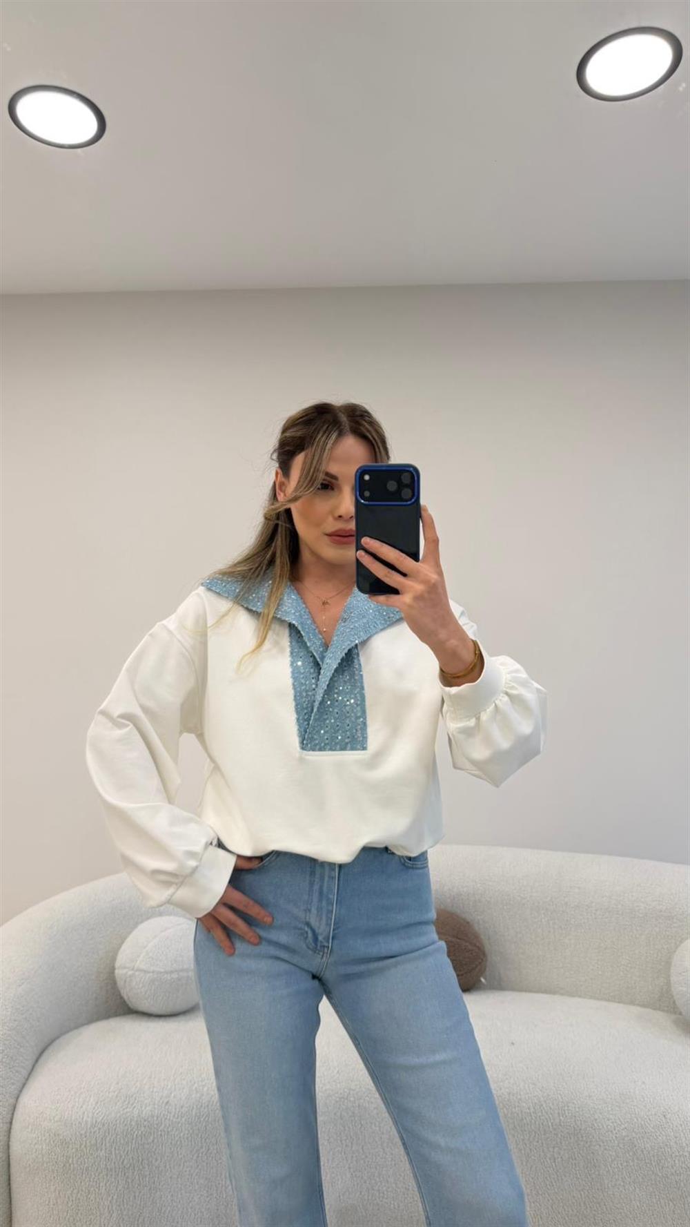 YAKA PAYETLİ KOT GARNİLİ SWEAT