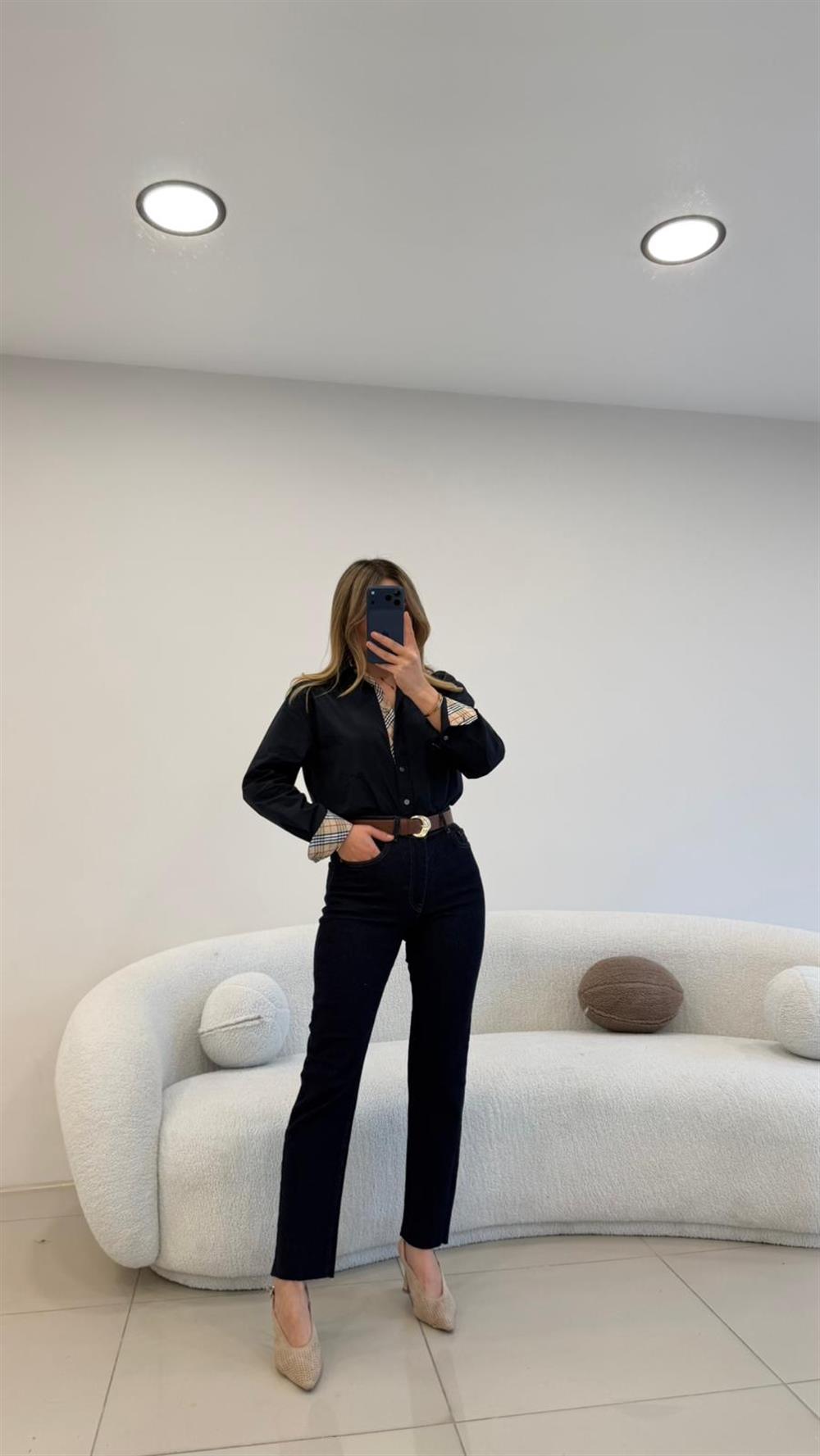 YAKA VE KOL MANŞETLER EKOSE DETAYLI POPLİN GÖMLEK LACİVERT