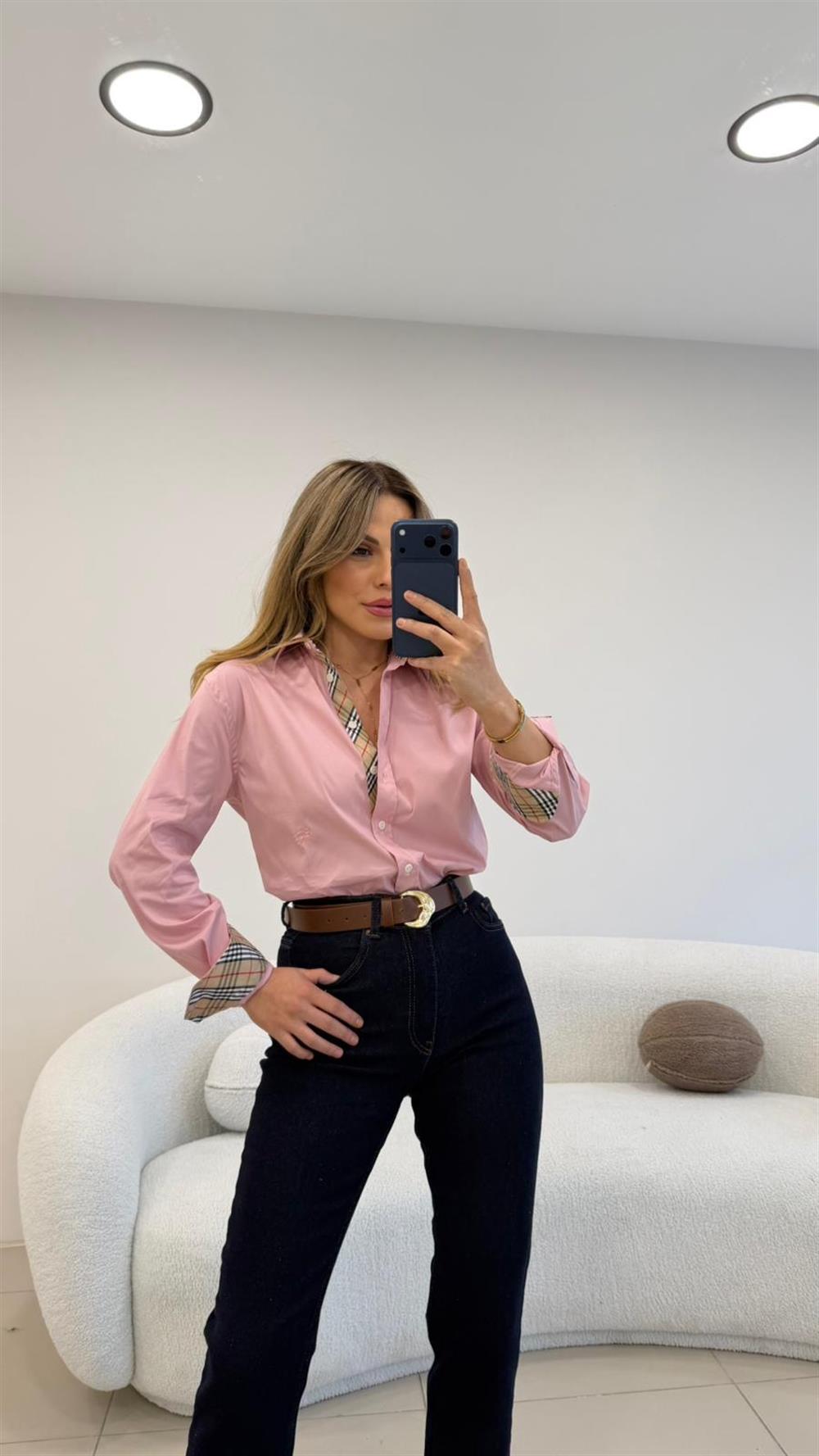 YAKA VE KOL MANŞETLER EKOSE DETAYLI POPLİN GÖMLEK PUDRA