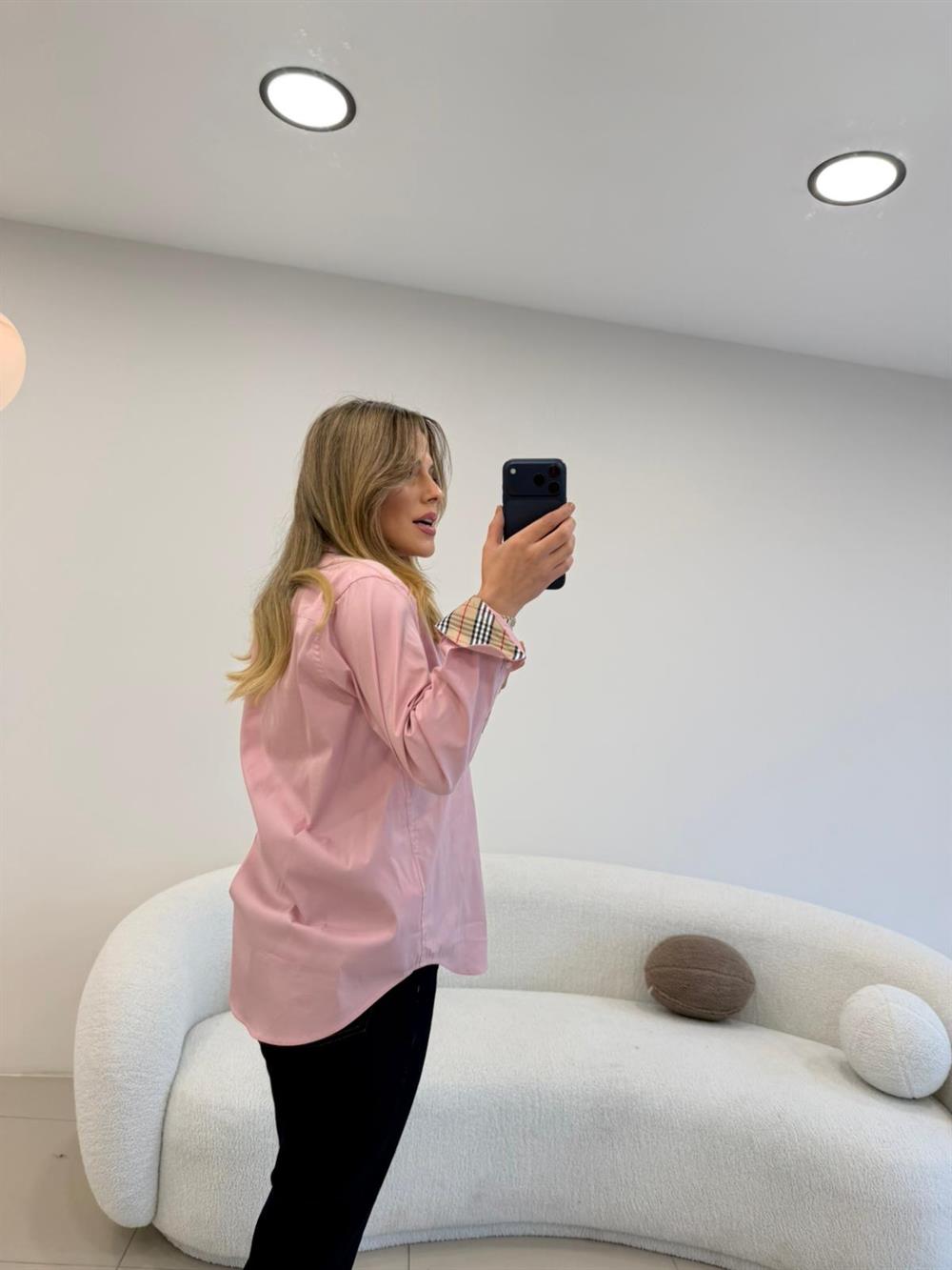 YAKA VE KOL MANŞETLER EKOSE DETAYLI POPLİN GÖMLEK PUDRA