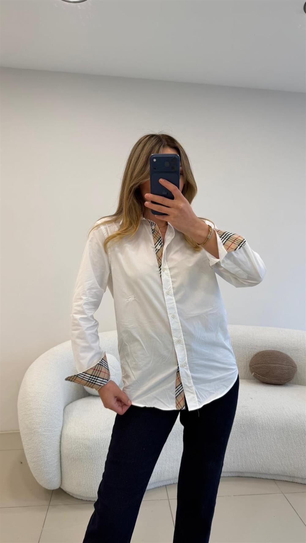 YAKA VE KOL MANŞETLER EKOSE DETAYLI POPLİN GÖMLEK BEYAZ