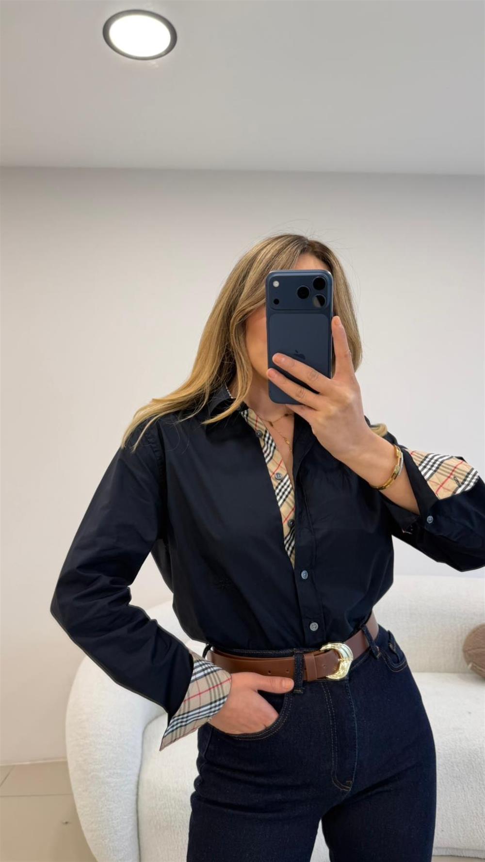 YAKA VE KOL MANŞETLER EKOSE DETAYLI POPLİN GÖMLEK LACİVERT