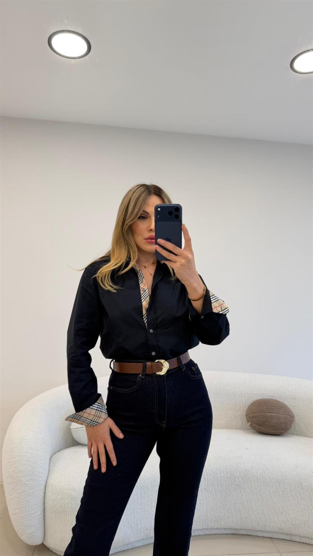 YAKA VE KOL MANŞETLER EKOSE DETAYLI POPLİN GÖMLEK LACİVERT