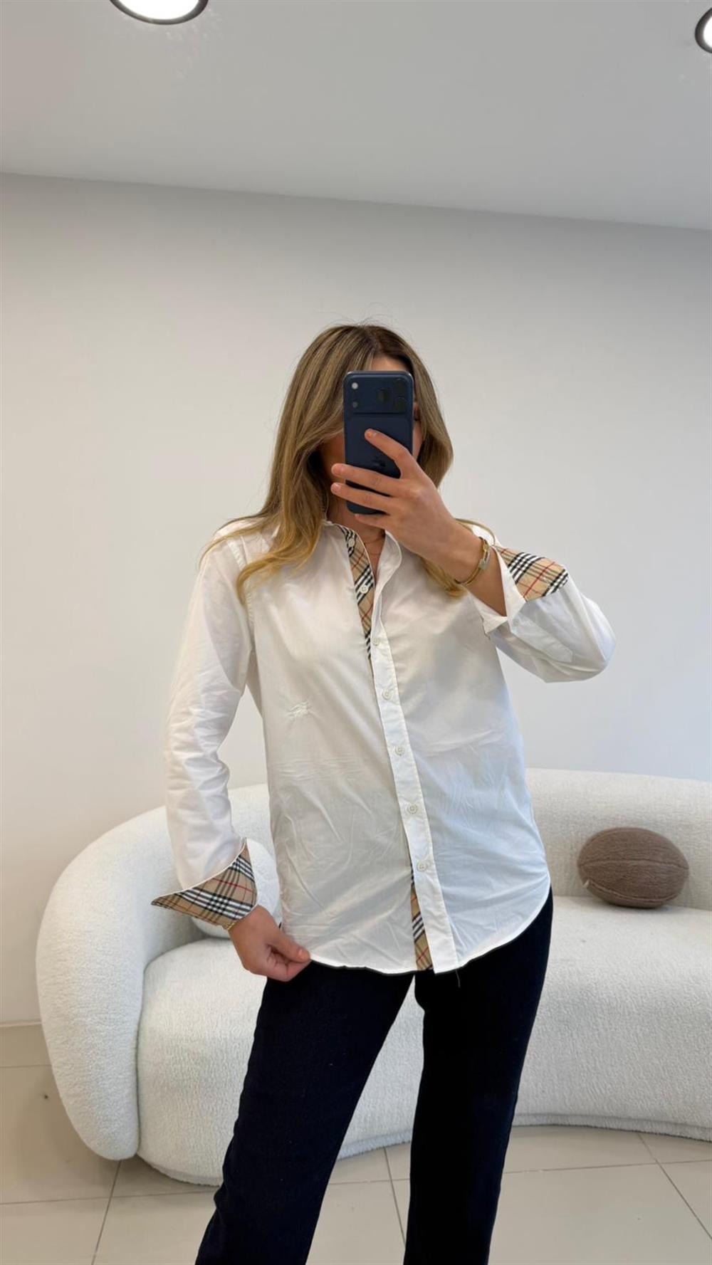 YAKA VE KOL MANŞETLER EKOSE DETAYLI POPLİN GÖMLEK BEYAZ