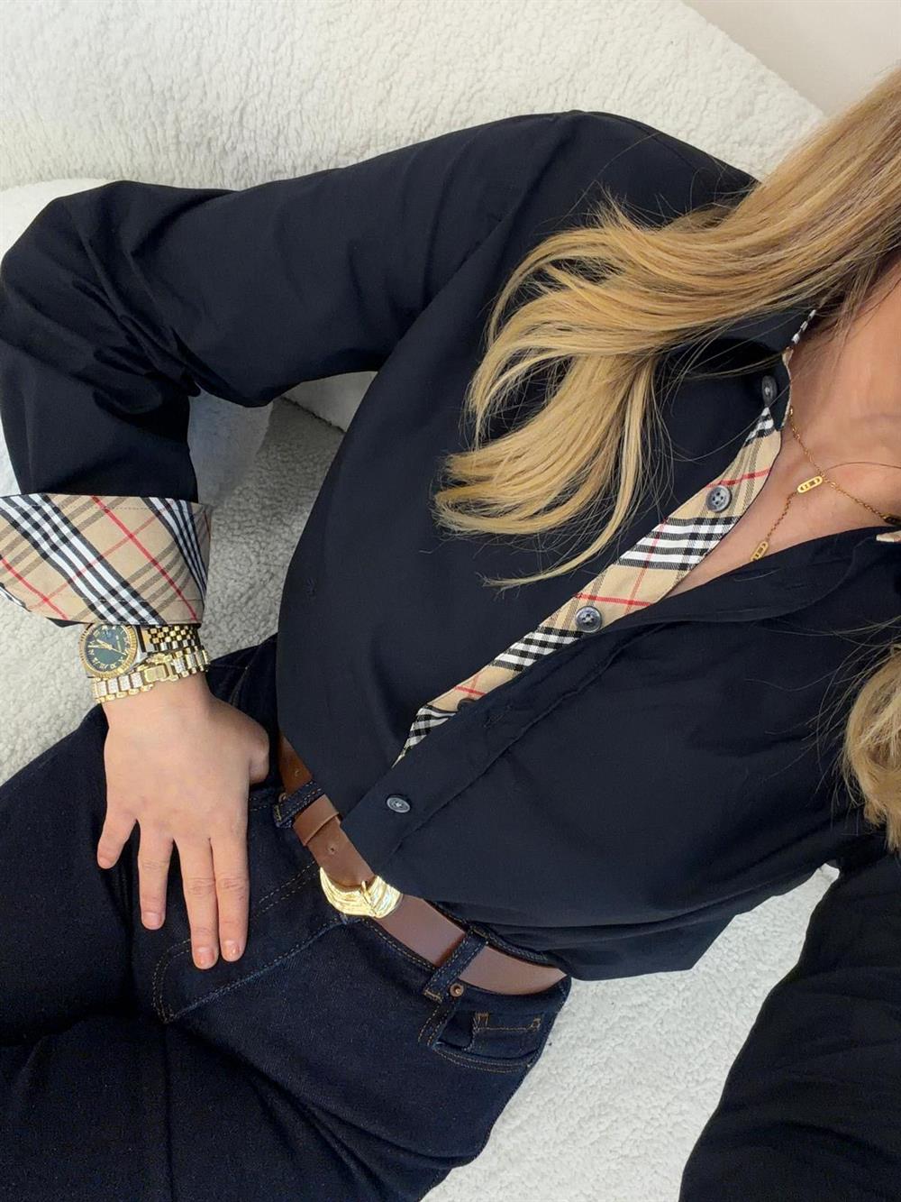 YAKA VE KOL MANŞETLER EKOSE DETAYLI POPLİN GÖMLEK LACİVERT