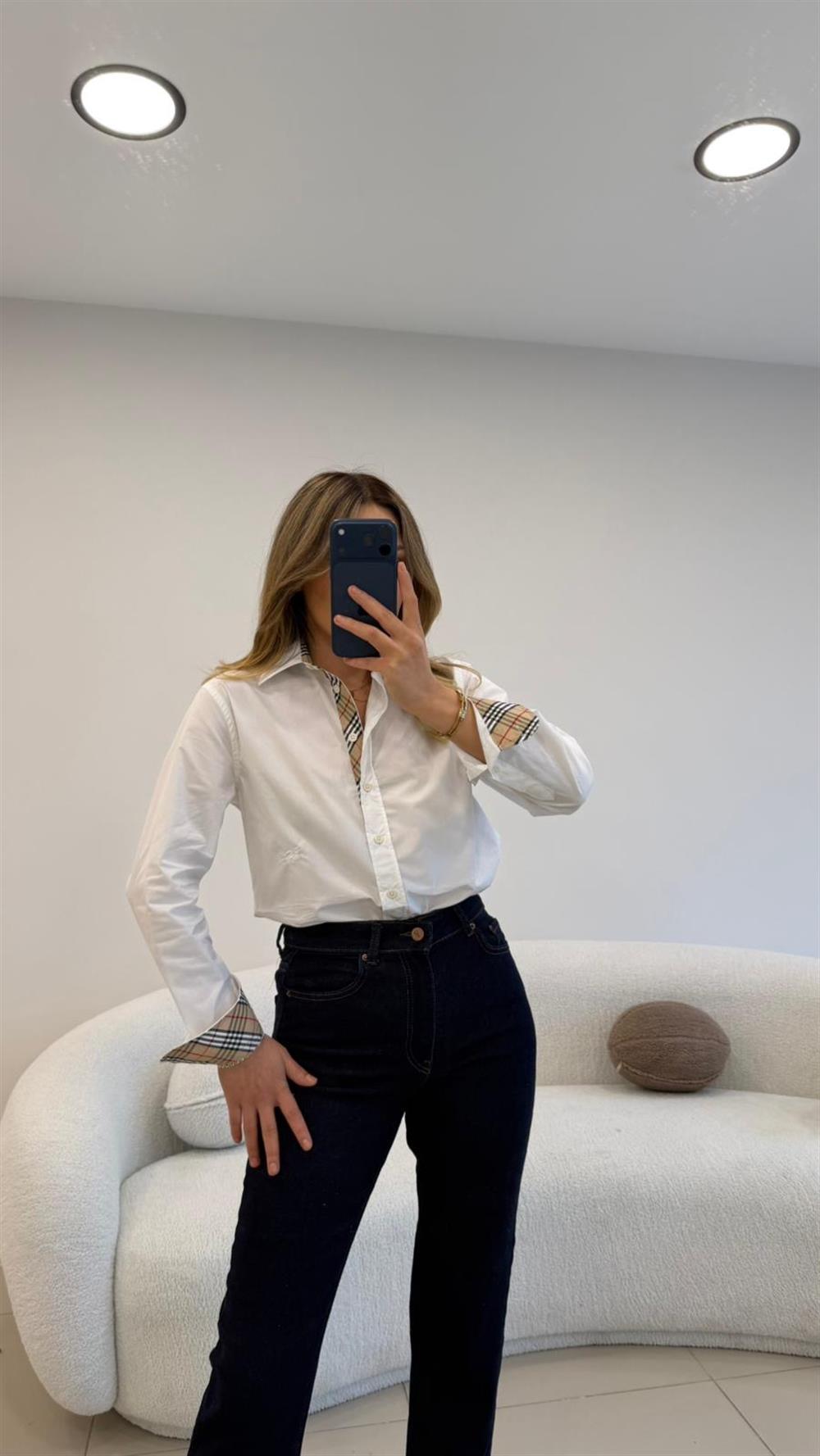 YAKA VE KOL MANŞETLER EKOSE DETAYLI POPLİN GÖMLEK BEYAZ