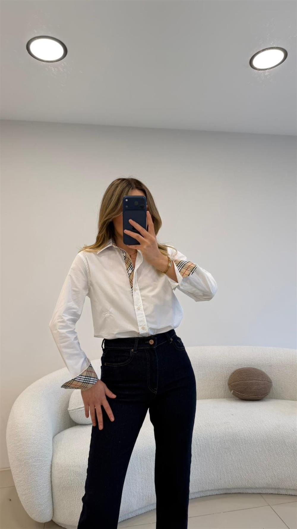 YAKA VE KOL MANŞETLER EKOSE DETAYLI POPLİN GÖMLEK BEYAZ