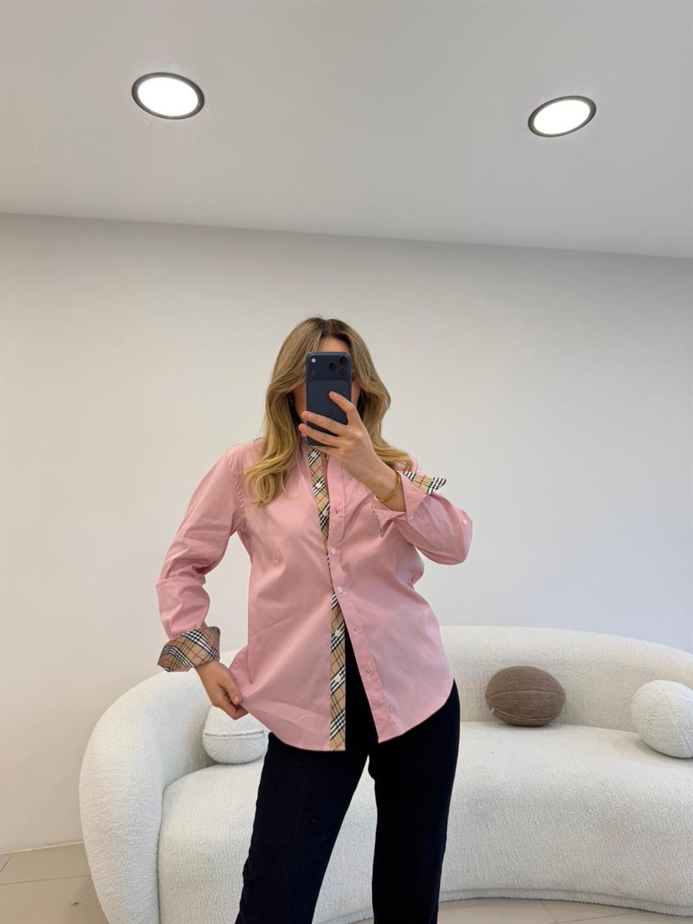 YAKA VE KOL MANŞETLER EKOSE DETAYLI POPLİN GÖMLEK PUDRA